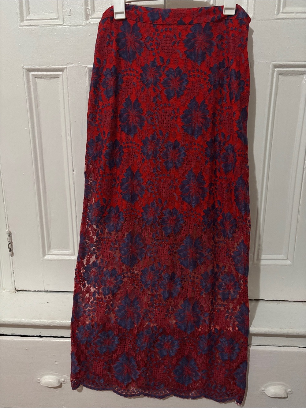 G.I.L.I. Red Maxi Lace Skirt with Blue Floral Motif
